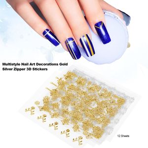 Gold Silver Zipper 3D Nail Stickers Transfer Retro Wraps Manicure Decoration Decals Gel Polish Tips Nail Art Sticker 12 Sheets