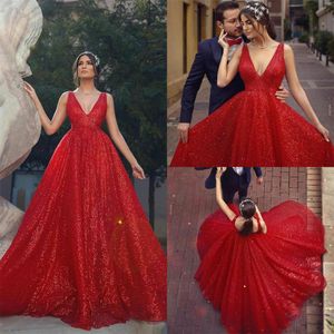 V Neck Sequined Prom Dresses 2020 Czerwony Bez Rękawów Sparkle Szaty De Mariée Długość Floor Celebrity Suknie wieczorowe