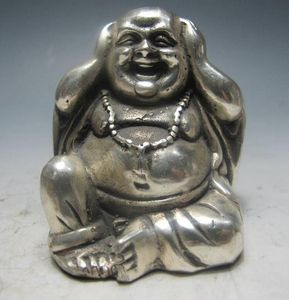 Kinesisk Silver Bronze Maitreya Buddha Statue