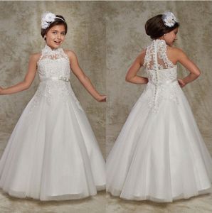 Weißes, hochgeschlossenes Tüll-Spitze-A-Linie-Blumenmädchenkleid mit Applikation, Perlenschleife und Schärpe für Mädchen, Festzugskleider, Geburtstagsparty-Kleid