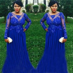 Royal Blue Plus Size Long Sleeve Evening DuBai Kaftan Rhinestones Dress for Pregnant Women African A line Scoop Lace Appliques Party Dress