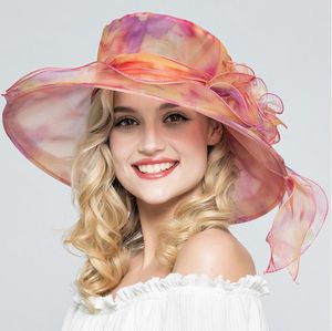 أزياء الصيف الأورجانزا أحد القبعات للنساء أنيقة laides الكنيسة خمر قبعة واسعة حافة كبيرة مع زهرة كبيرة