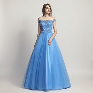 Lx427 niebo niebieski w magazynie tiul balu sukienki linii z koralików długość podłogi formalne wieczorne okazje party suknia szybka wysyłka