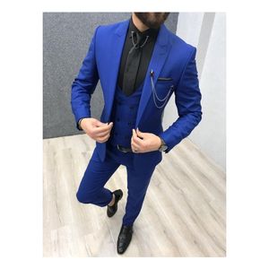 Azul royal casamento smoking pico lapela terno de negócio dos homens groomsmen ternos (jaqueta + calça + colete + gravata)