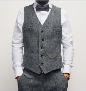 Fashion Gray Groom Vests 2019 Wool Men's Suit Vest Big Herringbone Wedding Waistcoat Slim Fit Prom Vest Custom Made