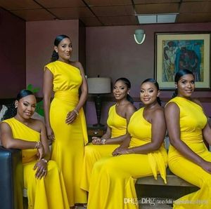 Yeni Ucuz Sarı Mermaid Nedime Elbiseler Bir Omuz Kolsuz Saten Gelinlik Modelleri Düğün Konuk Partisi Törenlerinde Onur Elbise Hizmetçi