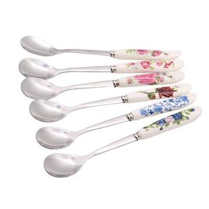 6 Pcs/set 15.5cm Red Rose pattern Ceramic Handle Stainless Steel Spoon Multifunctional Kitchen Tableware Hot Sale New