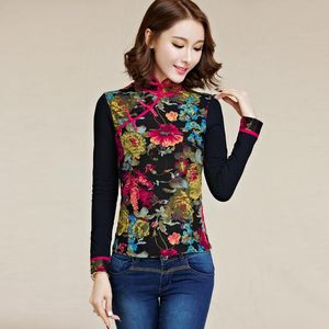 Abbigliamento tradizionale cinese 2020 plus size vintage etnico collo alla coreana manica lunga camicia camicetta stampa nera blusa DF366