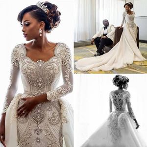Luxury Crystal Beading Wedding Dresses With Detachable Train Real Picture Scoop Long Sleeve Bridal Gowns Sweep Train Bling Wedding Dress