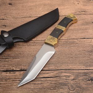 Ny Ankomst Fast Blade Survival Straight Kniv 440c Satin Tanto Blade Full Tang Trä + Stålhandtag med lädermantel