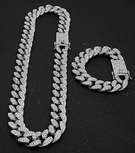 Mens Iced Out Bling Rhinestone Golden Miami Cuban Link Chain CZ Necklace Men's Hip hop Necklaces Bracelets Set for Men Drop Shipping