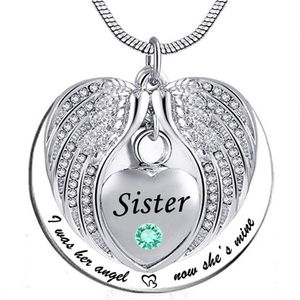 Angel Wing Memorial Keepsake Ashes Urn Pendant Birthstone crystal Necklace, i used to be his angle, now he's mine -for Sister