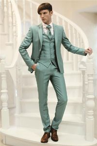 Green Groom Tuxedos Peak Lapel Groomsman Wedding 3 Piece Suit Fashion Men Business Prom Party Jacket Blazer(Jacket+Pants+Tie+Vest) 2285