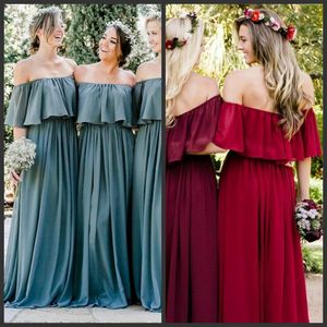 Custom Made Różne Kolor Druhna Suknie Off Ramię z Wrap Ruffles Maid of Honor Dresses Długość Piętro Suknie Gościnne