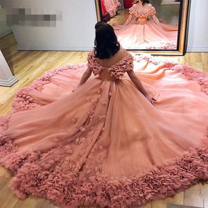 Wholesale couture evening gowns resale online - Off Shoulder Long Puffy Formal Evening Gowns Arabic Women Ball Gown Prom Dress Couture Blush Pink Lush Flower Evening Dress