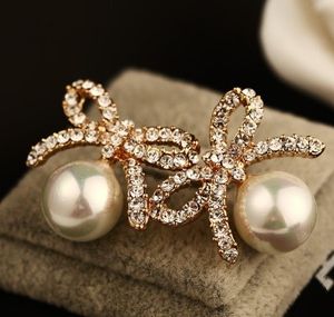 Wholesale- luxury designer cute lovely diamond rhinestone sweet bow pearl stud earrings for woman girls