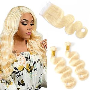 613# Blonde Body Wave 2 Bundles With 4X4 Lace Closure Malaysian Virgin Hair Extensions 8-30inch Bundles With Closure Baby Hair 613#