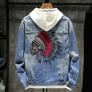 Męska Kurtka Denim Hip Hop Retro Jeans Coat Street Vintage Haftowane Indian Kurtka Dżinsowa Moda Slim Długi Rękaw Rozmiar M-XXXL