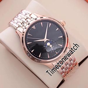 Master Ultra Thin Q136255J Automatisk mens klocka Rose Gold Black Dial Moon Phase Stick Markörer Rostfritt stålarmband TimezoneWatch E69C3