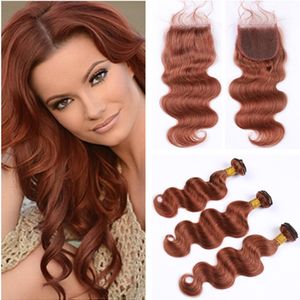 Dark Auburn Human Hair 3Bundles med stängning #33 Kopparröd kroppsvåg Virgin Hår spetsstängning med väver Rödbrunt brasilianskt hår