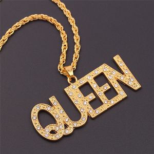 Diamond Cross Pendant Necklaces for Men Women Crystal Rhinestone King Queen Letter Charms Fashion Gold Hip Hop Jewelry Long Chain Necklace