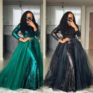 Modest Sequins Prom Dresses With Detachable Train Tulle A Line Jewel Neck Long Sleeves Custom Made Black Girl Evening Gown