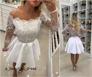 White Short Prom Dresses Off Shoulder Long Sleeves Appliques Lace Pearled Satin See Through Back Short Homecoming Dresses Party Dresses