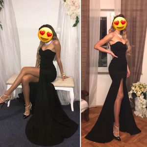 Black Strapless Split Leg Evening Gown Dress Mermnaid Robe Prom Dress Padded Stretch Floor Length Dress