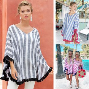 Kobiety w paski w paski V-decak Tops Tassel Shawl Casual Tees Kobiety Kobiety Letnie ubrania T-shirty Tops Cape LJJA2889