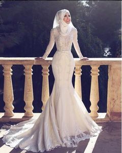 Bescheiden Slanke Fishtail Arabische stijl Mermaid bruidsjurken lange mouwen kant applique o nek hijab moslim trouwjurken