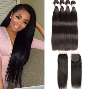 Brazilian Virgin Hair 4 Bundles With 4X4 Lace Closure Baby Hair Straight ral Color Human Hair Extensions 8-28inch Silky Straight