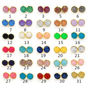 Rostfritt stål Hypoallergena Örhängen 30 Färg 12mm Druzy Resin Stone Stone Gold Silver Ear Ringar för Kvinnor Lyxig Smycken Gift