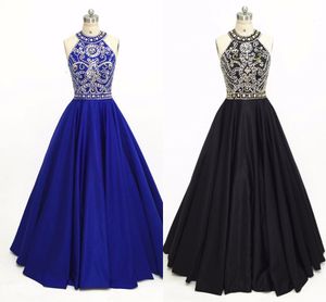 Royal Blue Prom Homecoming Dresses a-line Холтер декольте замочная скважина спинки золото бисером Кристалл Атлас длинные платья вечерняя одежда формальные дешевые