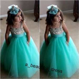 Cute Turquoise Green Flowe Girls Sukienki Spaghetti Paski Kryształ Zroszony Tulle Ball Suknia Toddler Infinite Pagewe Suknie Dla Dziewczyn FG1260