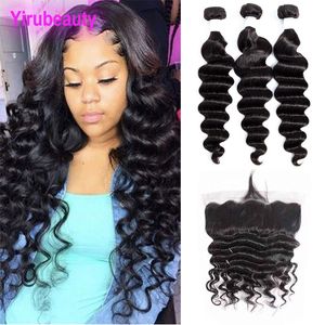 Brazilian Virgin Human Hair Loose Deep Wave Three Bundles With 13X4 Lace Frontal With Baby Hair Natural Color 4 Pieces