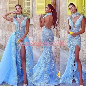 2020 Backless Lace Mermaid Evening Dresses With Overskirt Halter Mermaid Party Pageant Tillfälle Arabiska Split Sexy Prom Gown Robe de Soiree