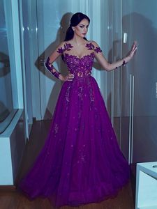 Purple Sheer Long Sleeves Lace A Line Evening Dresses Arabic Tulle Applique Beaded Floor Length Formal Party Prom Gowns 2020