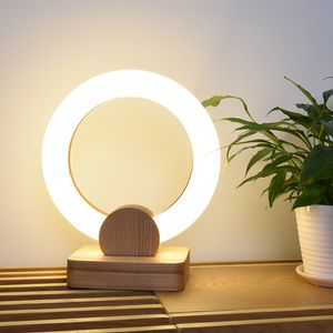 Base de madeira redonda luminárias de mesa LEDs anel de cabeceira de cabeceira lâmpada de mesa lâmpada criativa lâmpada de quarto LED