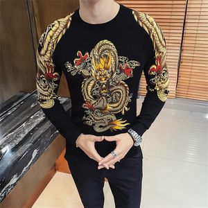 new mens sweater hoodies clothing gold dragon print men pullver erkek kazak club party stage male trui heren