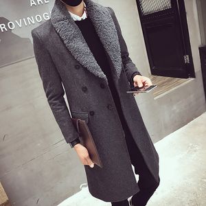 Män Vinter Lång Tjock Varm Jacka Slim Fit Svart Grå Trench Woolen Overroat Med Fur Collar Double Brested Tjock Padding Coat