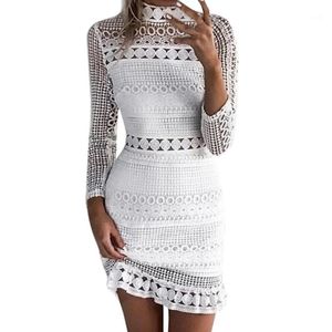 Verão oco para fora branco vestido de renda mulheres gola alta manga longa sexy mini vestido curto praia feminina vestidos 20181