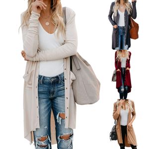 2019 Höst Long Cardigan Kvinnors Långärmad Fast Färgknapp Down Sticka Ribbed Neckline OuterWear Sweater Kvinnlig Kläder