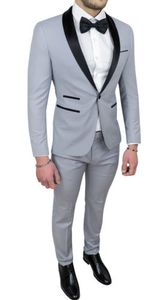Jeden przycisk Light Grey Groom Tuxedos Shawl Lapel Mężczyźni Garnitury 2 Sztuki Wedding / Prom / Dinner Blazer (Kurtka + Spodnie + Krawat) W821