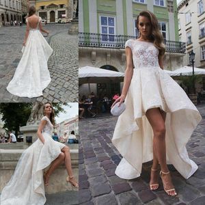 High Low Lace Backless Wedding Dresses Bridal Gown Scoop Neck Cap Sleeve Custom Made A-line Plus Size Country Appliques Beach Bridal Gowns