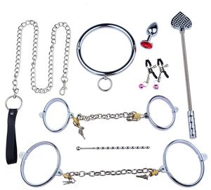 Padlock Collar Wrist Ankle Cuffs Stainless Steel Chains Harness Bondage Gear Adult Slave BDSM Set