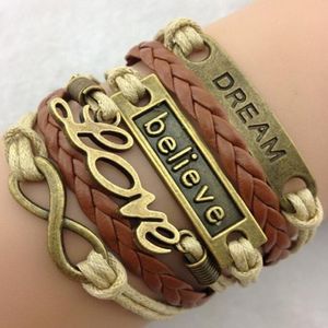 Braceletes Maravilhosamente Fashion Bohemian pulseira de couro Pulseras Amor Acredite envoltório Infinito Pulseiras