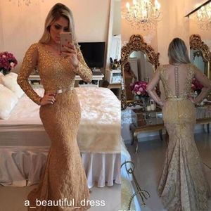 Gold Illusion Sheer Long Sleeves Mermaid Prom Dresses Beaded Full Lace Applique Evening Dress Luxury Custom Made Formal Party Gowns ED1319