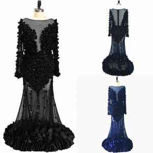 Luxurious Lace Beaded Mermaid Evening Long Formal Dresses With Sleeves Bateau See Though Back 3D Flowers Pageant Prom Dress Girls Party New
