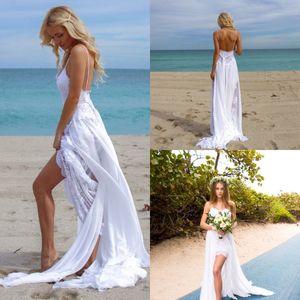 Billiga Boho Beach Wedding Dresses Hi Low Front Short Chiffon Lace Modest Ny Ankomst 2019 Brudklänningar Baklösa Robe de Mariée Monterad Berta