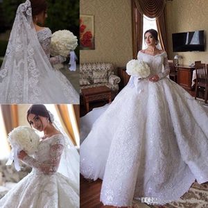 Ball Arabic Dubai Gown Dresses Off Shoulder Long Sleeve Lace Appliqued Sequins Wedding Dress Bridal Gowns Plus Size s